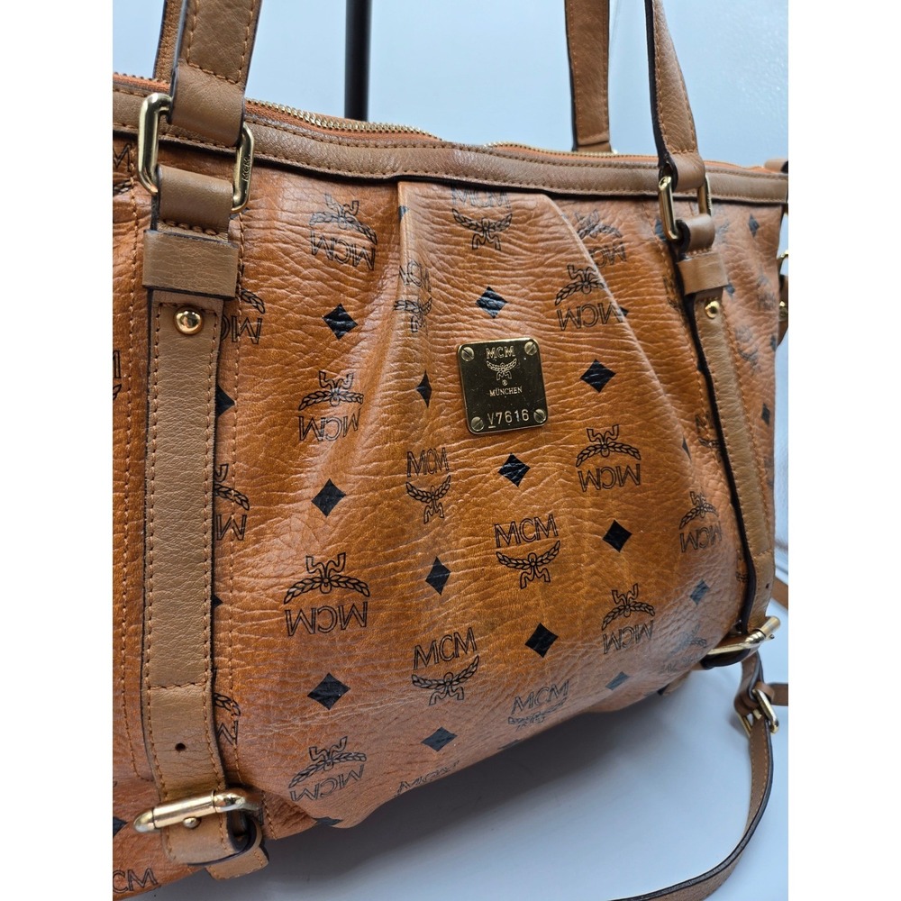 MCM Vintage Cognac Coated‎ Canvas Leather Trimmed Shoulder Bag Tote Purse - Picture 12 of 12